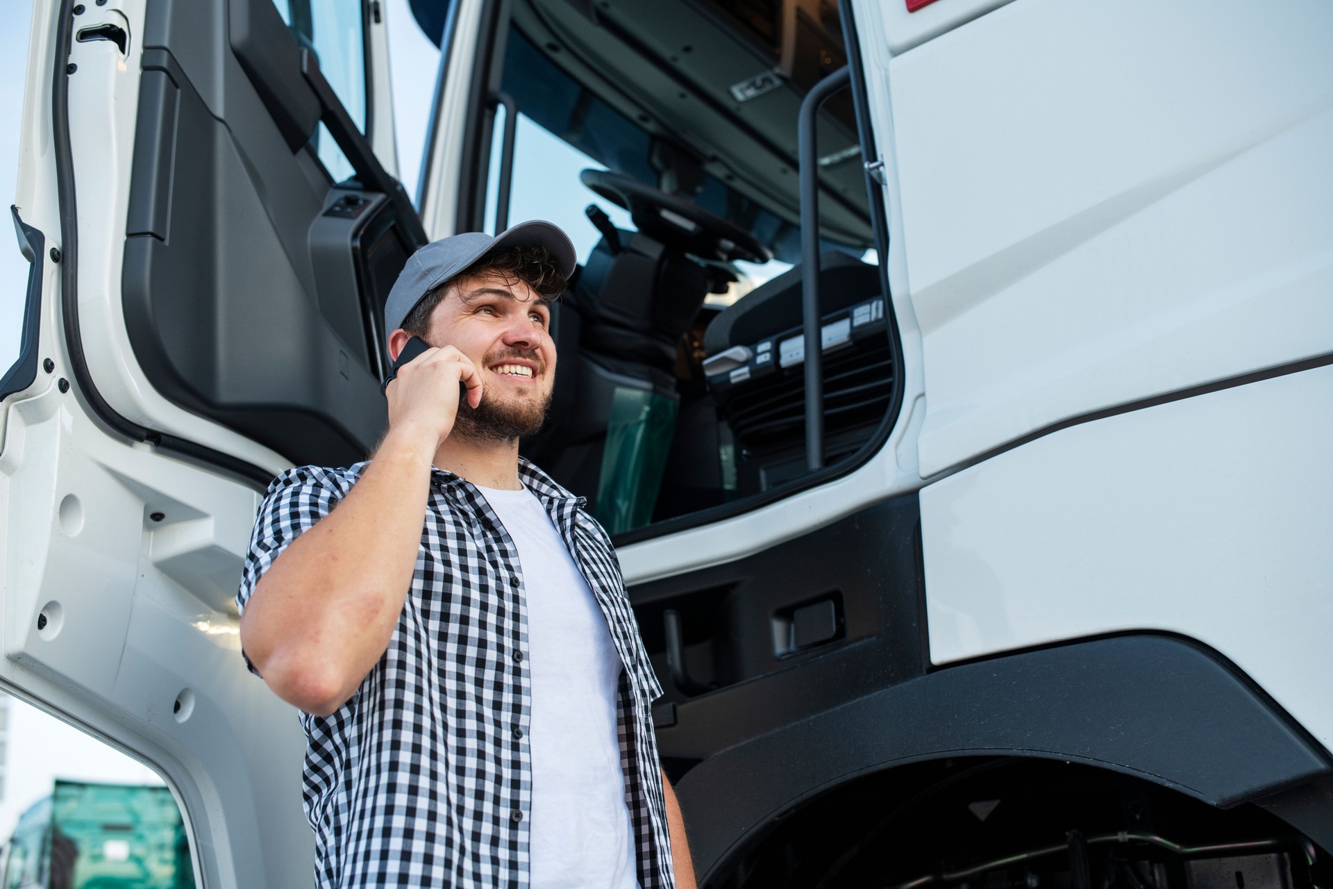 Truck driver calling his family.